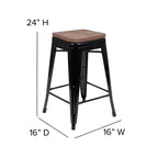 Emma et Oliver Tabouret de bar d'intérieur en métal de 24 po avec siège en bois – Ensemble empilable de 4