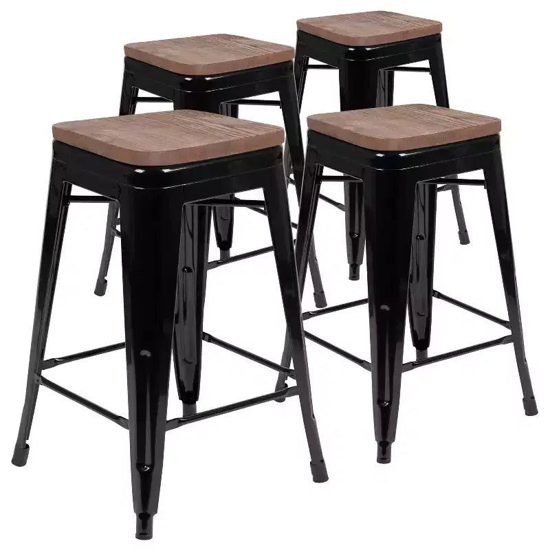 Emma et Oliver Tabouret de bar d'intérieur en métal de 24 po avec siège en bois – Ensemble empilable de 4