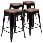Emma et Oliver Tabouret de bar d'intérieur en métal de 24 po avec siège en bois – Ensemble empilable de 4