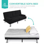 Canapé-lit convertible moderne en lin Best Choice Products avec accoudoirs amovibles, pieds en métal, porte-gobelets