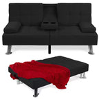 Canapé-lit convertible moderne en lin Best Choice Products avec accoudoirs amovibles, pieds en métal, porte-gobelets