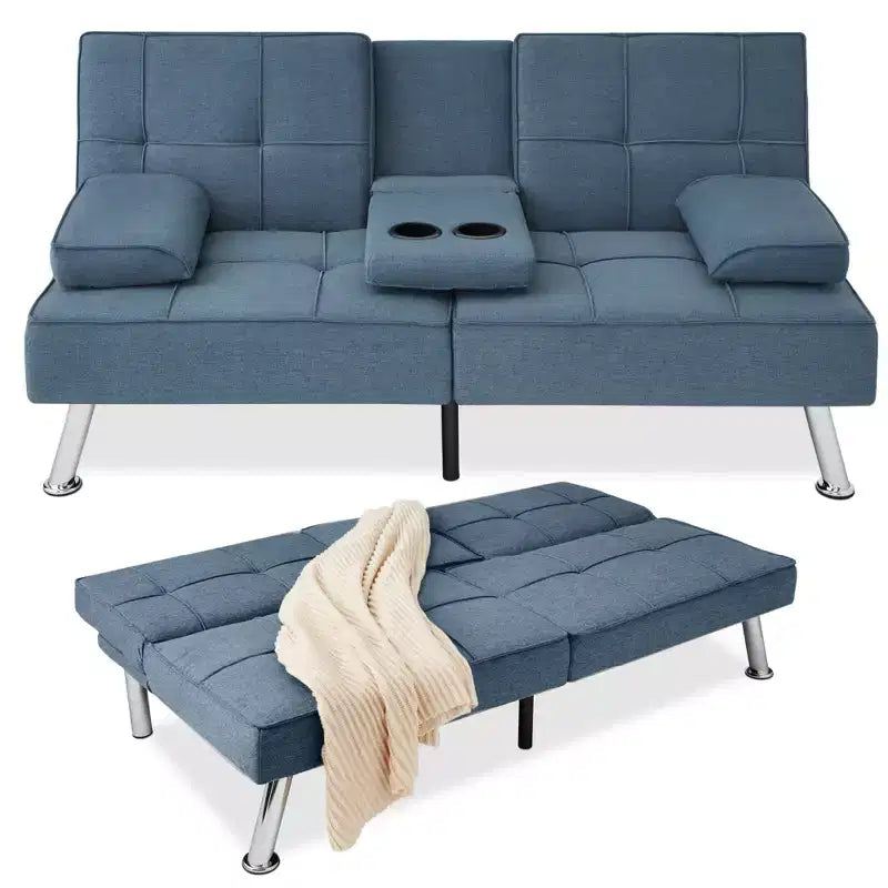 Best Choice Products Modern Linen Convertible Futon Sofa Bed w/ Removable Armrests, Metal Legs, Cupholders