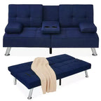 Canapé-lit convertible moderne en lin Best Choice Products avec accoudoirs amovibles, pieds en métal, porte-gobelets