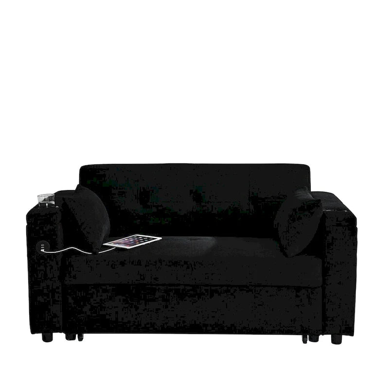 54 Pull-Out Sleeper Sofa Bed, 2 Seat Recliner Sofa Bed with Storage, Lumbar Pillow, USB Power Outlet