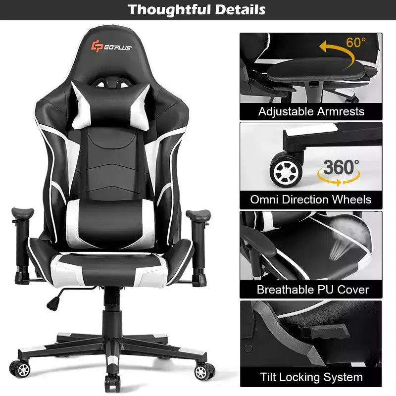 Chaise de Massage et de Gaming Inclinable et Pivotante Costway avec Soutien Lombaire Blanche\Bleue\Grise\Rouge