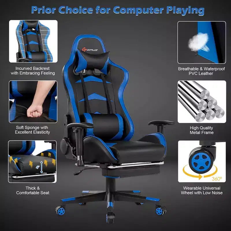 Chaise de bureau de massage gamer inclinable et pivotante Costway Racing avec repose-pieds
