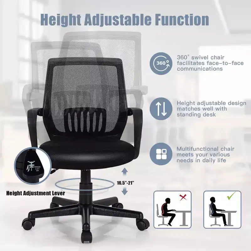 Chaise de bureau exécutive à dossier moyen Costway, chaise en maille, réglable en hauteur avec support lombaire