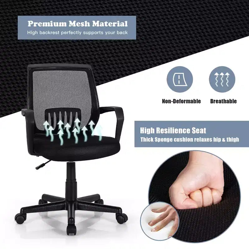 Chaise de bureau exécutive à dossier moyen Costway, chaise en maille, réglable en hauteur avec support lombaire