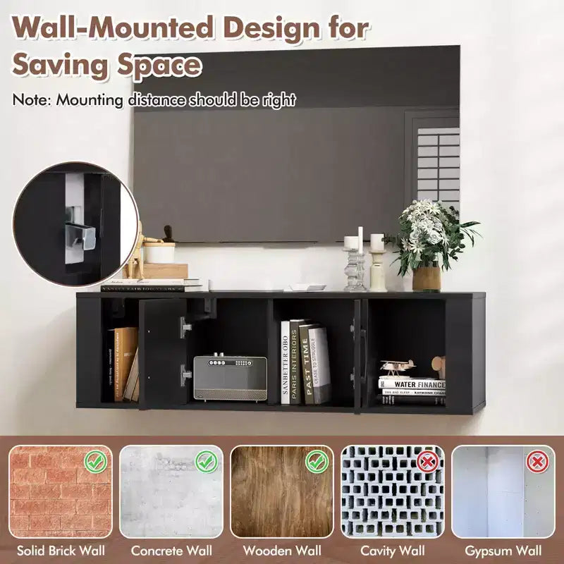 Meuble TV mural Costway avec 2 portes et 2 niches de rangement