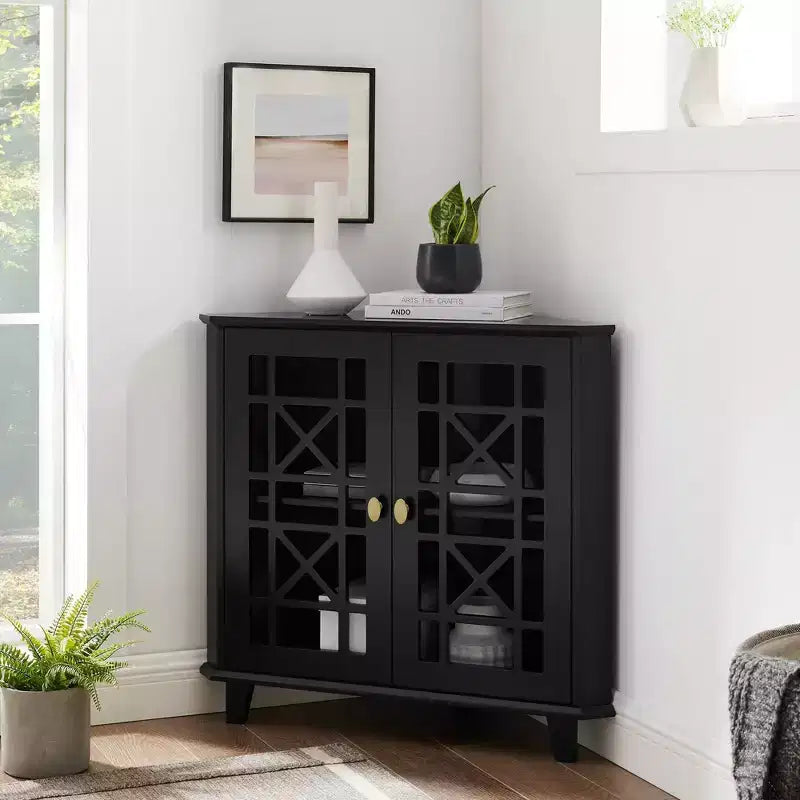 2 Door Corner Accent Cabinet with Fretwork Doors - Saracina Home