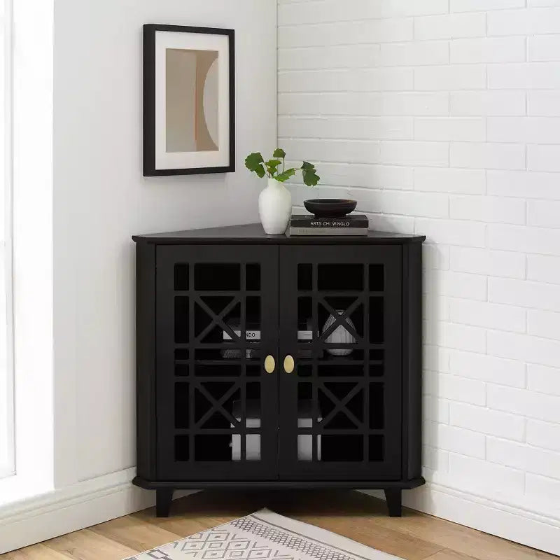 2 Door Corner Accent Cabinet with Fretwork Doors - Saracina Home