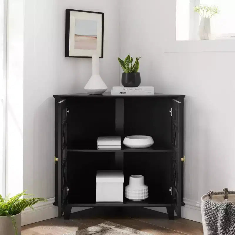 2 Door Corner Accent Cabinet with Fretwork Doors - Saracina Home