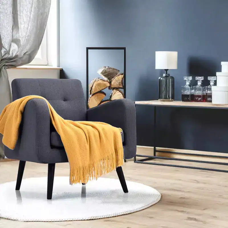 Costway Fauteuil d'appoint du milieu du siècle, fauteuil en tissu, canapé individuel avec pieds en bois d'hévéa Bleu/Gris