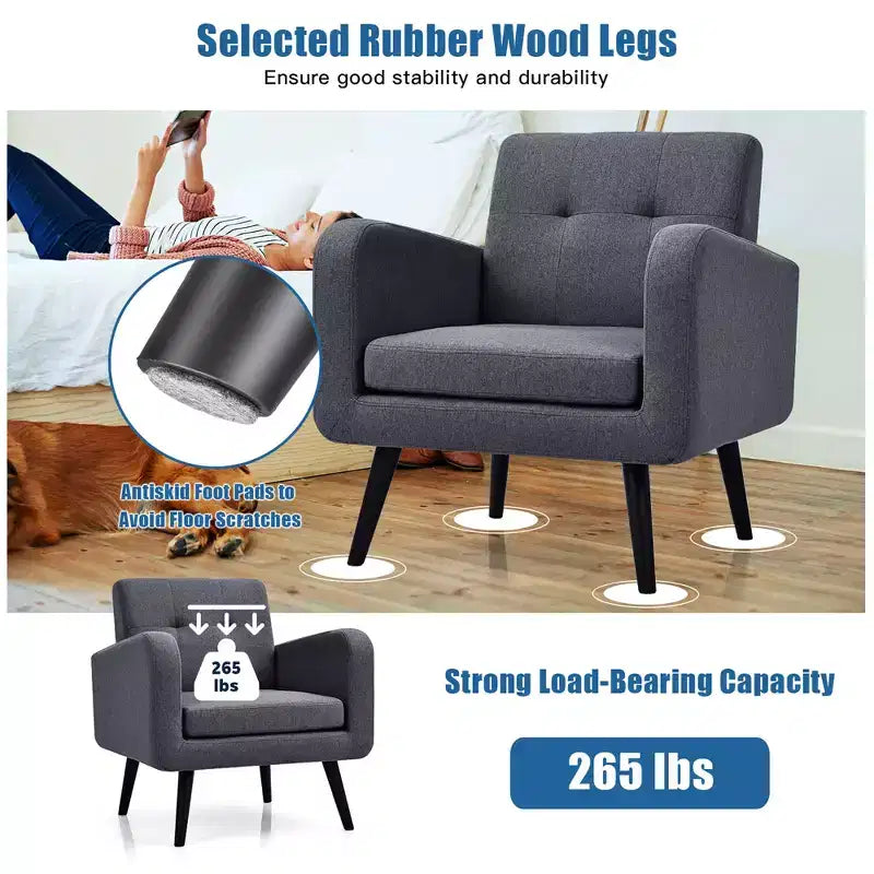 Costway Fauteuil d'appoint du milieu du siècle, fauteuil en tissu, canapé individuel avec pieds en bois d'hévéa Bleu/Gris