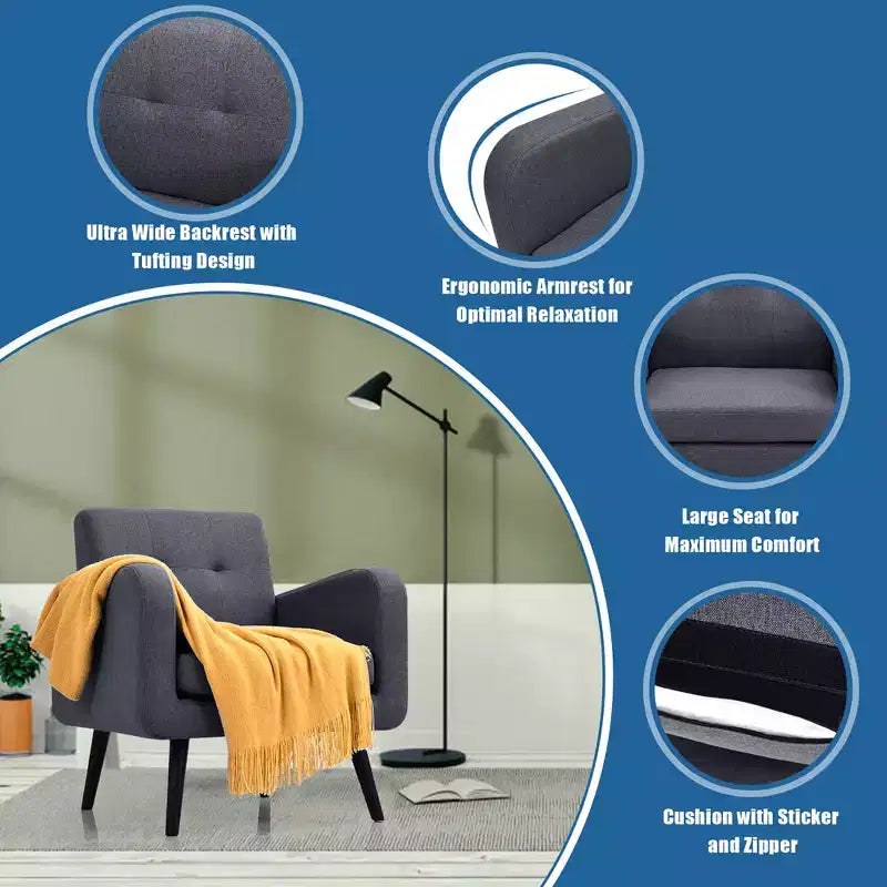 Costway Fauteuil d'appoint du milieu du siècle, fauteuil en tissu, canapé individuel avec pieds en bois d'hévéa Bleu/Gris