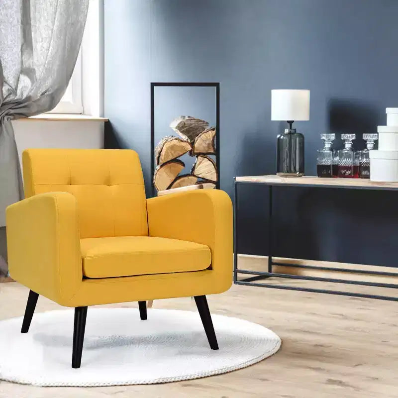 Costway Fauteuil d'appoint du milieu du siècle, fauteuil en tissu, canapé individuel avec pieds en bois d'hévéa Bleu/Gris