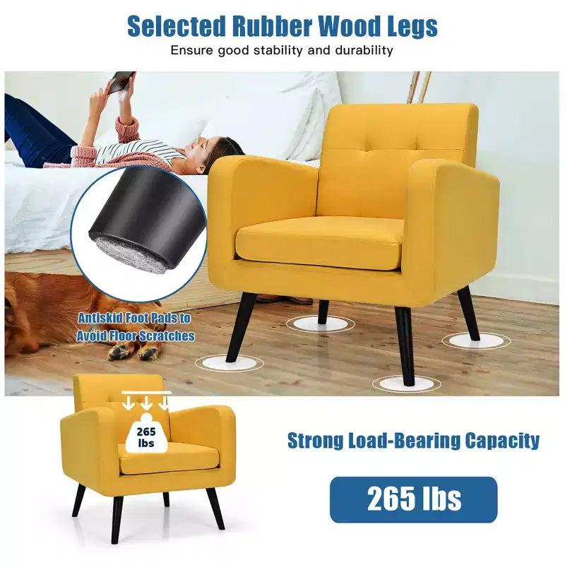 Costway Fauteuil d'appoint du milieu du siècle, fauteuil en tissu, canapé individuel avec pieds en bois d'hévéa Bleu/Gris