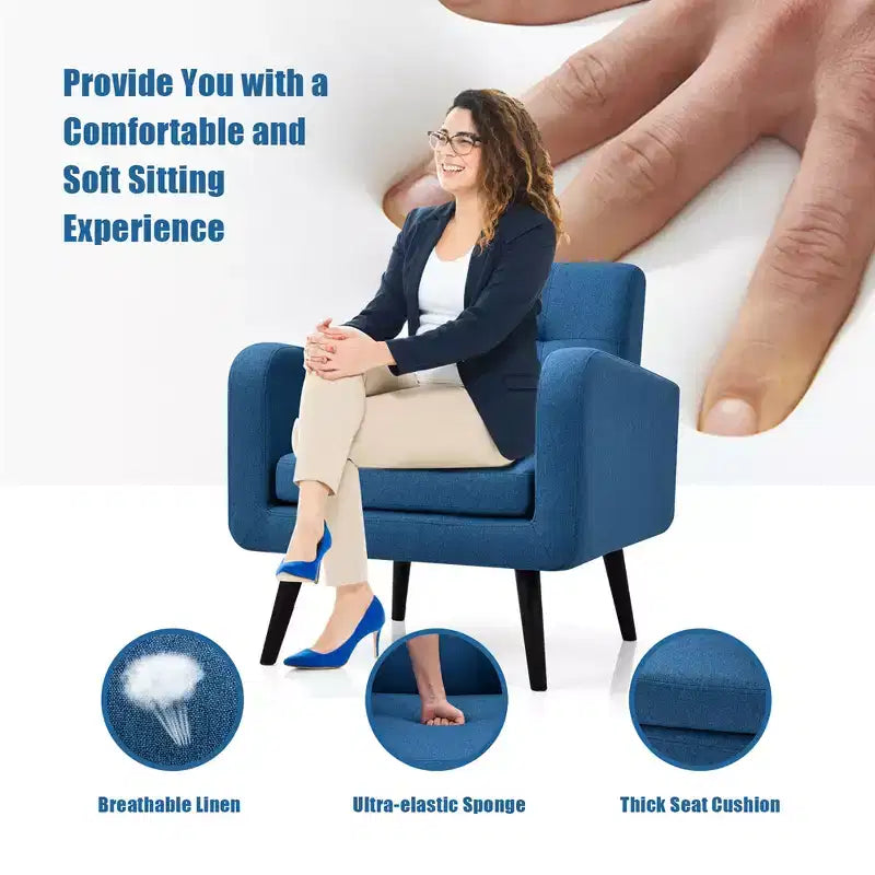 Costway Fauteuil d'appoint du milieu du siècle, fauteuil en tissu, canapé individuel avec pieds en bois d'hévéa Bleu/Gris