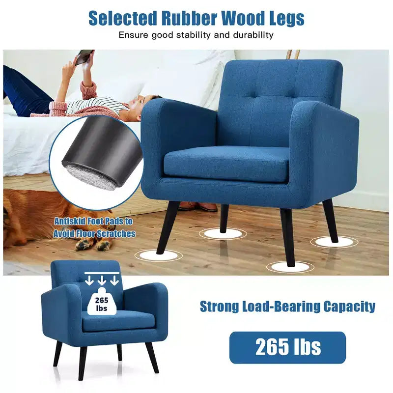 Costway Fauteuil d'appoint du milieu du siècle, fauteuil en tissu, canapé individuel avec pieds en bois d'hévéa Bleu/Gris