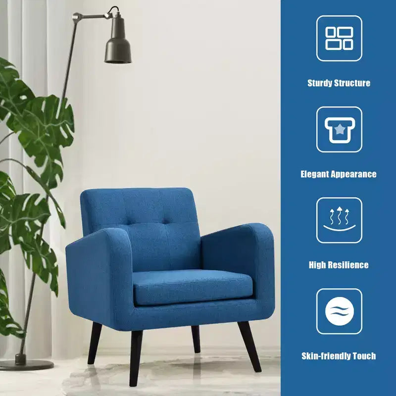 Costway Fauteuil d'appoint du milieu du siècle, fauteuil en tissu, canapé individuel avec pieds en bois d'hévéa Bleu/Gris
