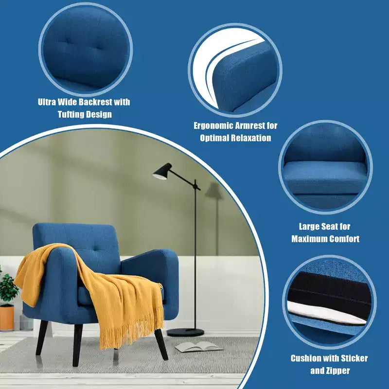 Costway Fauteuil d'appoint du milieu du siècle, fauteuil en tissu, canapé individuel avec pieds en bois d'hévéa Bleu/Gris