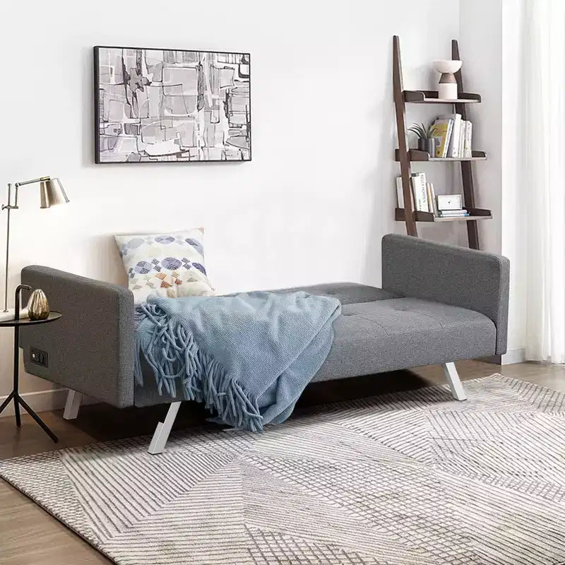 Costway Convertible Futon Sofa Bed Folding Recliner w/USB Ports&Power Strip Grey\Blue