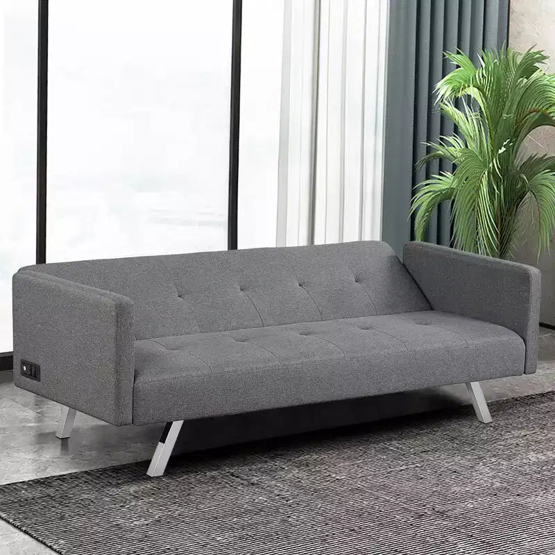 Costway Convertible Futon Sofa Bed Folding Recliner w/USB Ports&Power Strip Grey\Blue