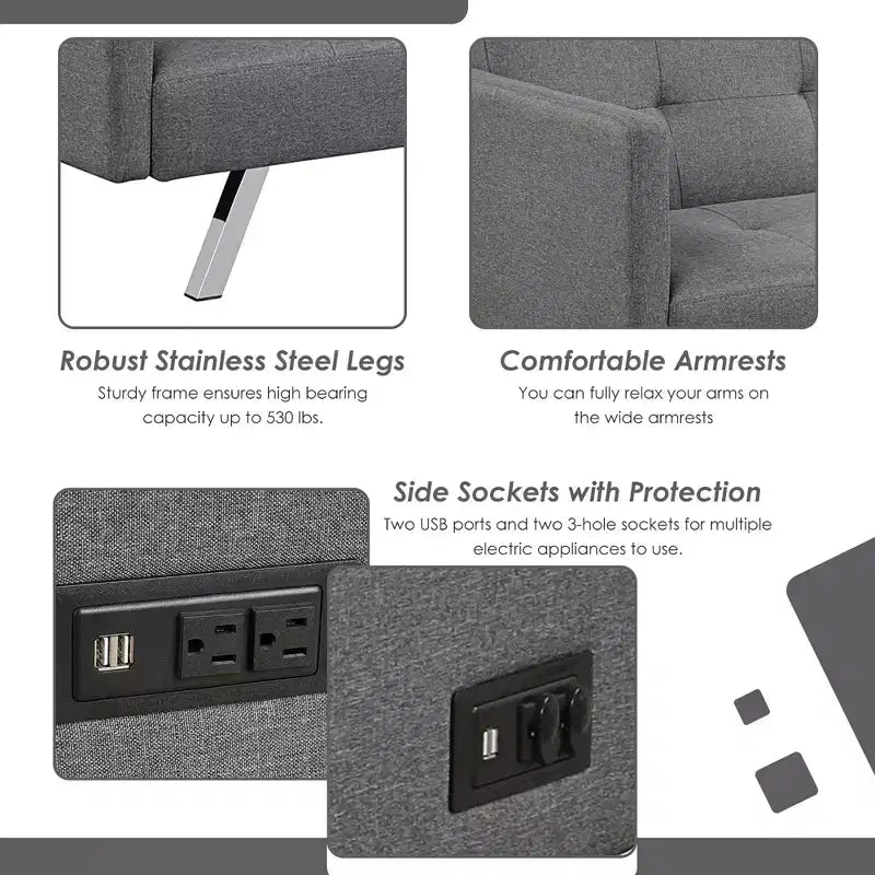 Costway Convertible Futon Sofa Bed Folding Recliner w/USB Ports&Power Strip Grey\Blue
