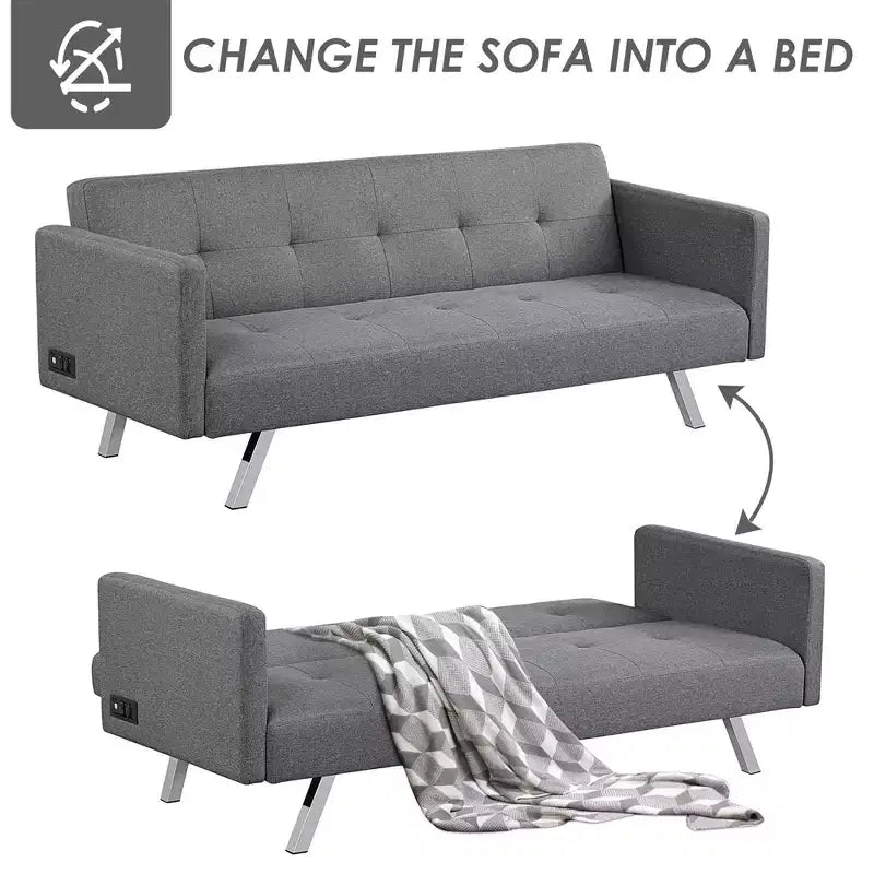 Costway Convertible Futon Sofa Bed Folding Recliner w/USB Ports&Power Strip Grey\Blue