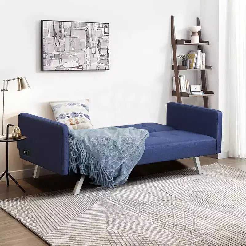 Costway Convertible Futon Sofa Bed Folding Recliner w/USB Ports&Power Strip Grey\Blue
