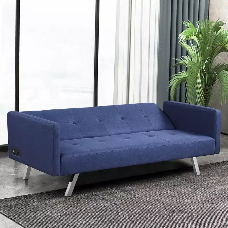 Costway Convertible Futon Sofa Bed Folding Recliner w/USB Ports&Power Strip Grey\Blue
