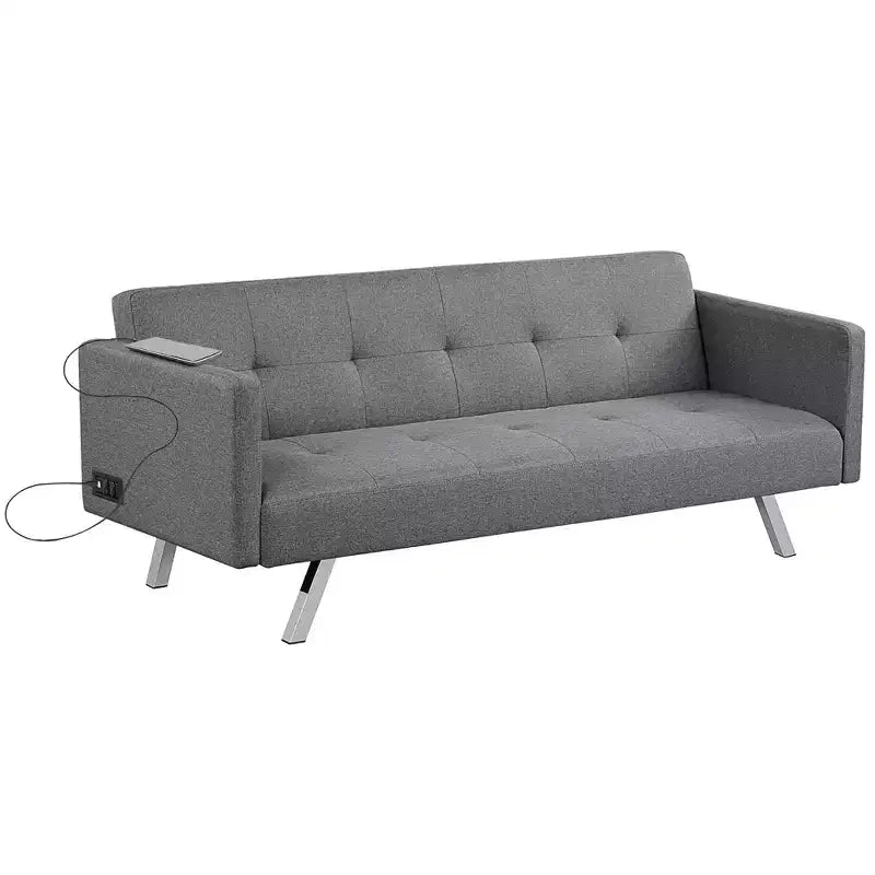 Costway Convertible Futon Sofa Bed Folding Recliner w/USB Ports&Power Strip Grey\Blue
