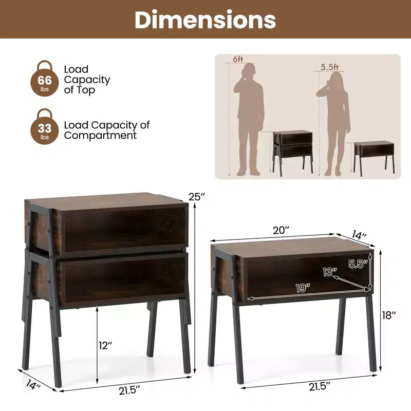 Costway Nightstand Set of 2 Stackable End Tables with Storage Compartment