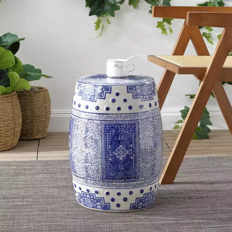 JONATHAN Y Acanthus 17.8 Tabouret de jardin/Table d'appoint en céramique chinoise de forme tambour, bleu/blanc