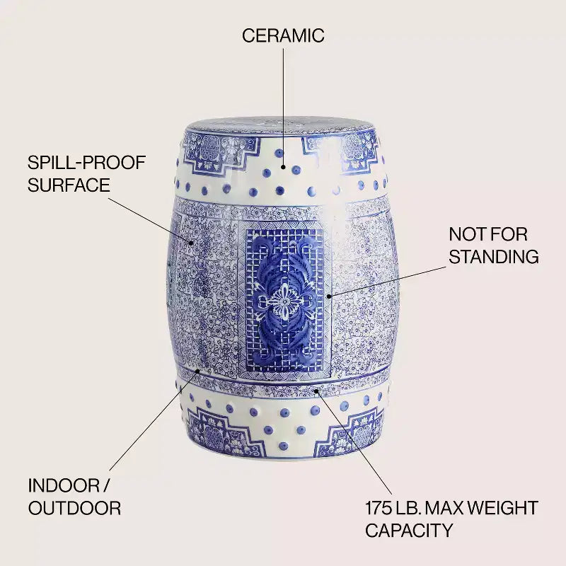 JONATHAN Y Acanthus 17.8 Tabouret de jardin/Table d'appoint en céramique chinoise de forme tambour, bleu/blanc