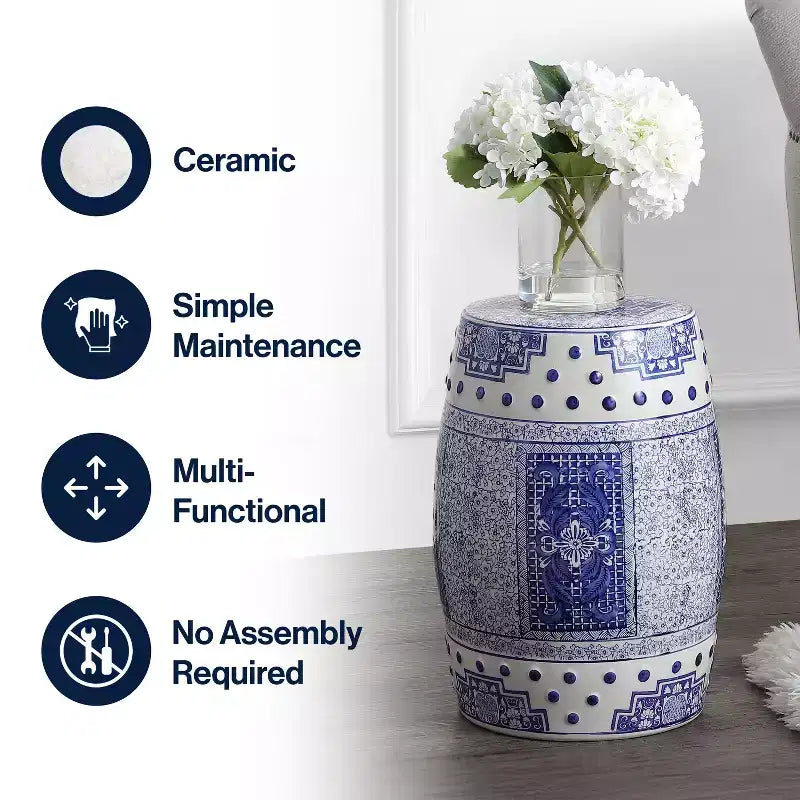 JONATHAN Y Acanthus 17.8 Tabouret de jardin/Table d'appoint en céramique chinoise de forme tambour, bleu/blanc