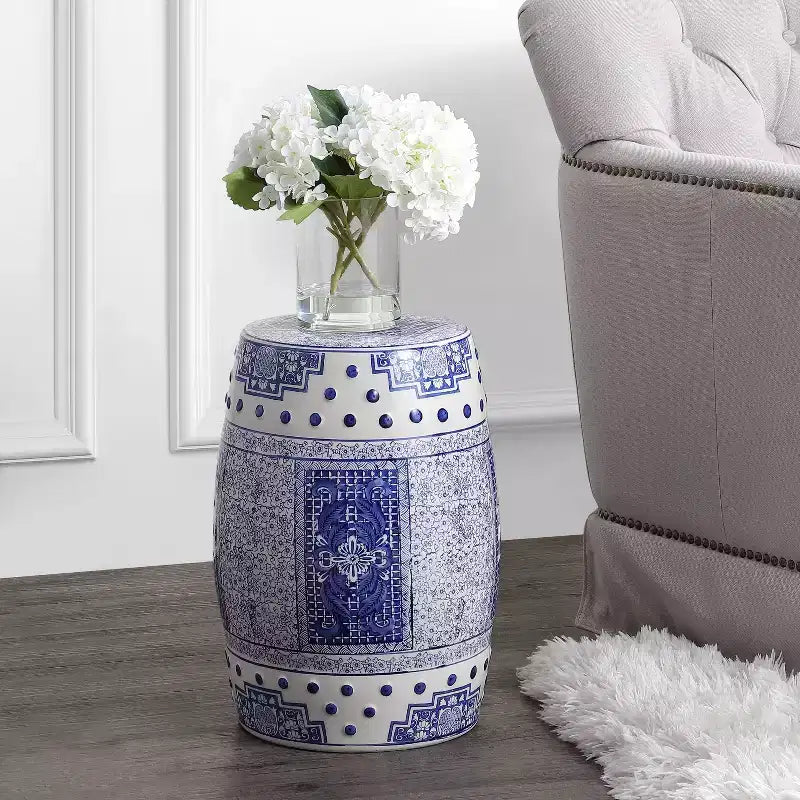 JONATHAN Y Acanthus 17.8 Tabouret de jardin/Table d'appoint en céramique chinoise de forme tambour, bleu/blanc