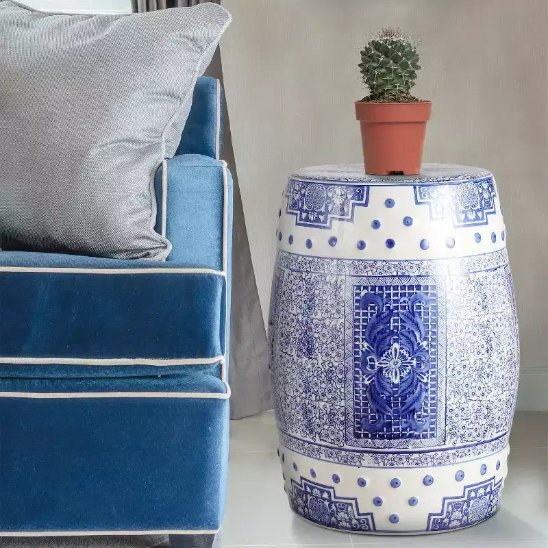JONATHAN Y Acanthus 17.8 Tabouret de jardin/Table d'appoint en céramique chinoise de forme tambour, bleu/blanc
