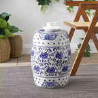 JONATHAN Y Lotus Flower 17.8 Chinoiserie Ceramic Drum Garden Stool/Accent Table, Blue/White