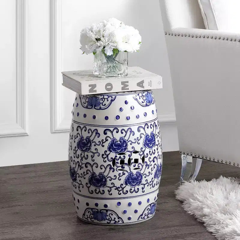 JONATHAN Y Lotus Flower 17.8 Chinoiserie Ceramic Drum Garden Stool/Accent Table, Blue/White