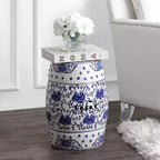 JONATHAN Y Lotus Flower 17.8 Chinoiserie Ceramic Drum Garden Stool/Accent Table, Blue/White