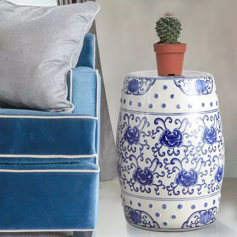 JONATHAN Y Lotus Flower 17.8 Chinoiserie Ceramic Drum Garden Stool/Accent Table, Blue/White