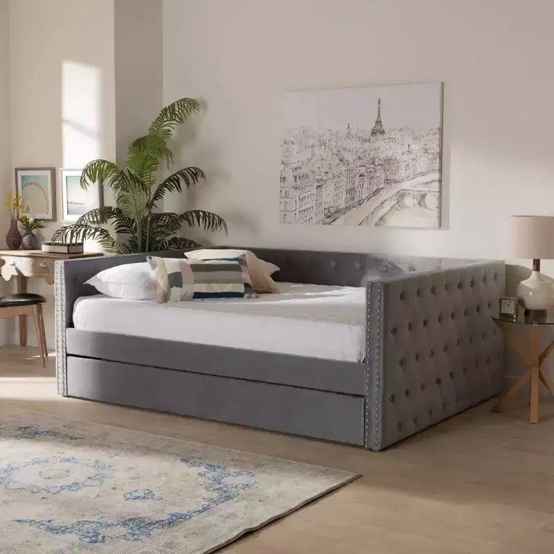 Lit de repos capitonné en velours Larkin avec lit gigogne - Baxton Studio