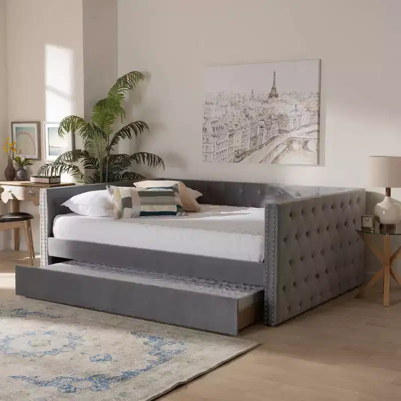Lit de repos capitonné en velours Larkin avec lit gigogne - Baxton Studio