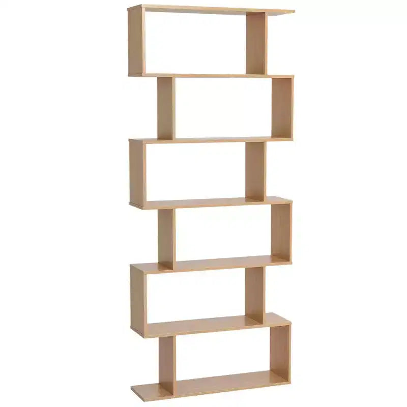 HOMCOM 75.5H Bookcase 6 Shelf S-Shaped Bookshelf Wooden Storage Display Stand Shelf Organizer Free Standing Oak