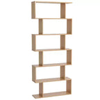 HOMCOM 75.5H Bookcase 6 Shelf S-Shaped Bookshelf Wooden Storage Display Stand Shelf Organizer Free Standing Oak