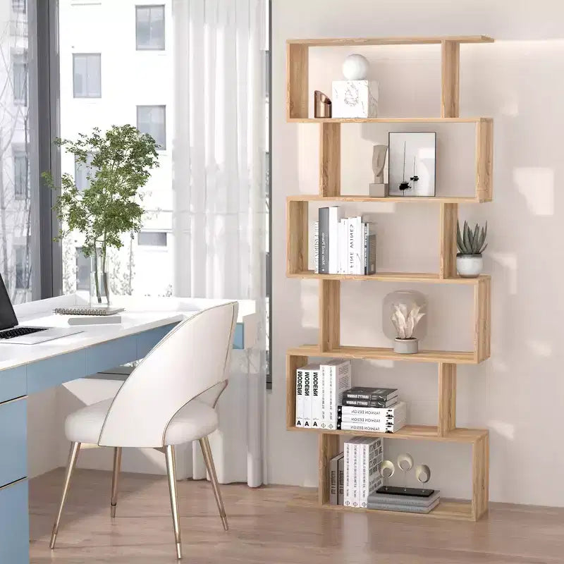 HOMCOM Étagère à Livres 75,5H Bibliothèque 6 Étages en Forme de S Étagère de Rangement en Bois Présentoir Organisateur Autonome Chêne