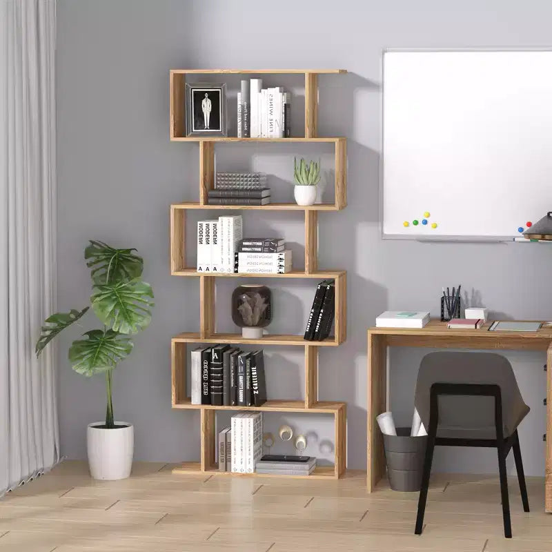 HOMCOM Étagère à Livres 75,5H Bibliothèque 6 Étages en Forme de S Étagère de Rangement en Bois Présentoir Organisateur Autonome Chêne