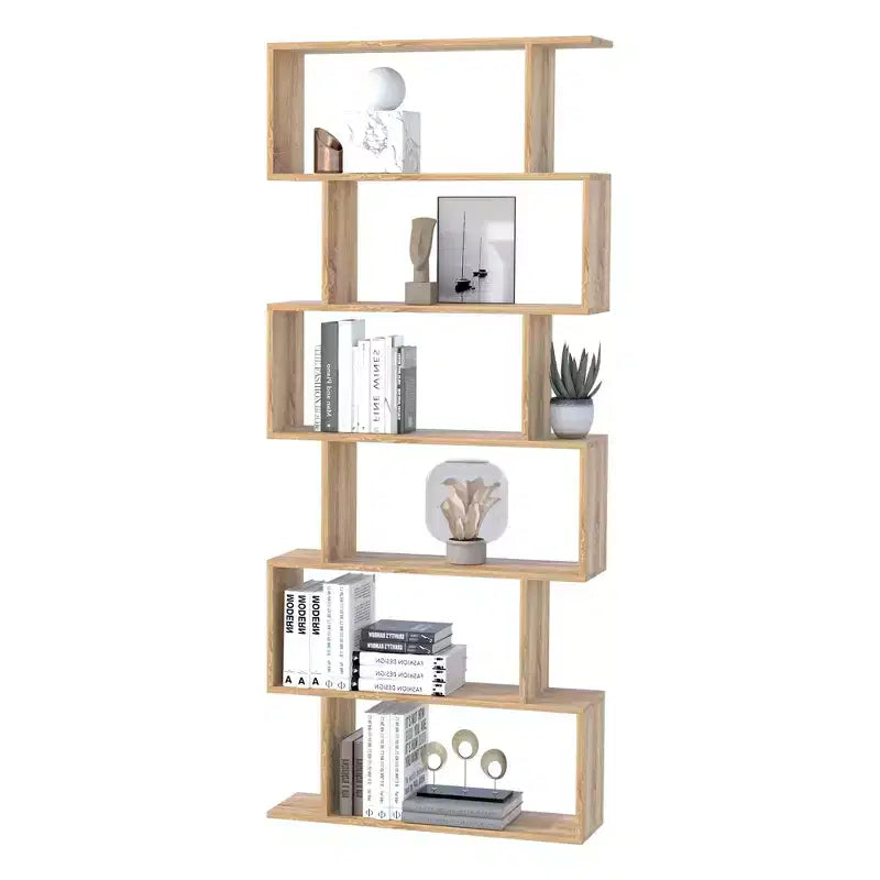HOMCOM Étagère à Livres 75,5H Bibliothèque 6 Étages en Forme de S Étagère de Rangement en Bois Présentoir Organisateur Autonome Chêne