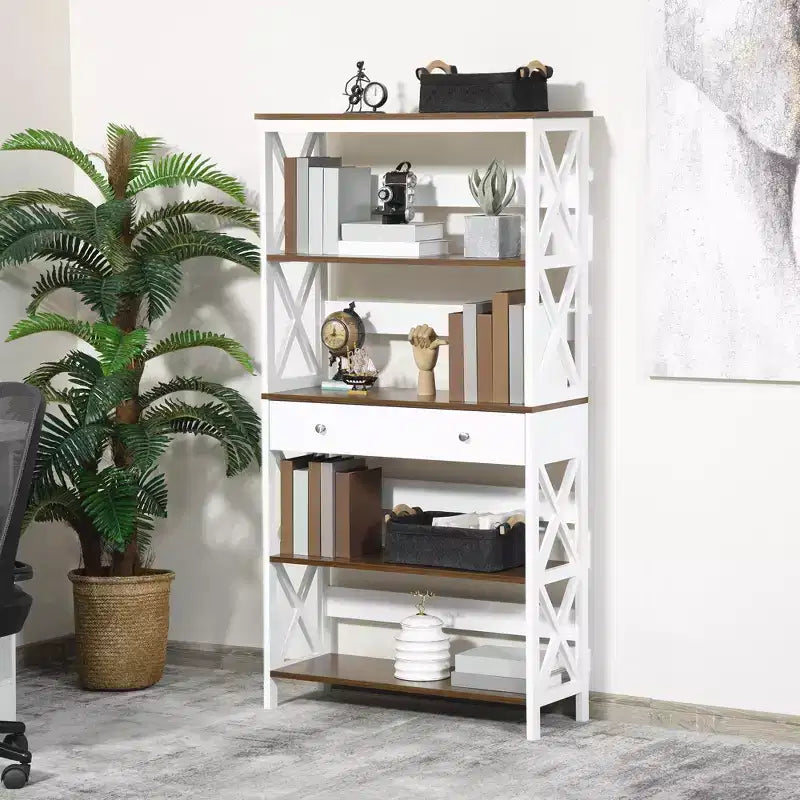 Étagère de Rangement Homcom à 4 Niveaux avec Tiroir Coulissant et Cadre en Bois avec Barre en X pour la Stabilité, Blanc